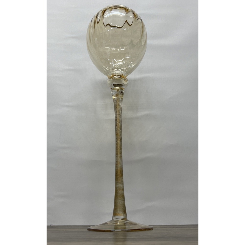 Hand Blown Glass Tall Pedestal Globe Vase‎ Gold Fleck Stem Amber 19 inch Decor
